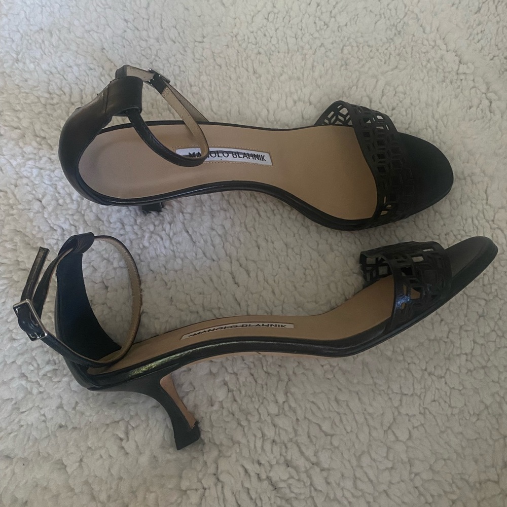 Manolo Blahnik Black Strappy Open-Toe Kitten Heel Sandals - Picture 5 of 5